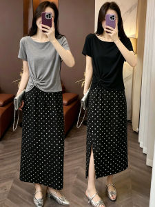 Summer Fashion Two-Piece Set Simple Style Age Reducing Short Sleeve T-Shirt Polka Dot Skirt
