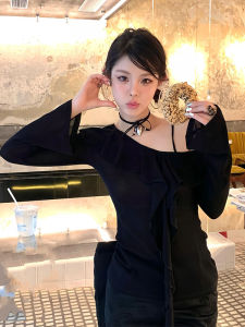 BINKAFENNY | Black Knitted Slim Fit Shoulder Bared Long Sleeve T Shirt Women Summer New Design Casual Commute Style Fashion Top