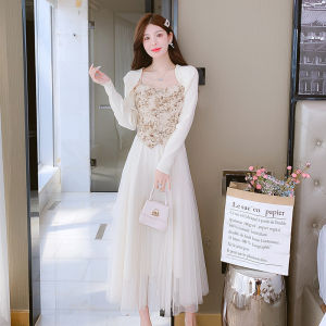 New Chinese Style Floral Print Maxi Dress Womens Summer French Elegance Two-Piece Knitted Set High Waist A-Line Gown