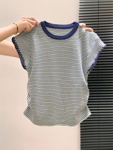 Unique Beautiful Striped Short Sleeve Knitted T-Shirt Women Summer High Waist Straight Cut Commute Style Polyester Fiber Tee