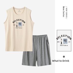 FuniBaoluo | Mens Summer Lightweight Pure Cotton Sleeveless Casual Home Clothes Set Shorts Length Round Neck Print Comfortable Sleepwear
