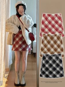 plus Size Tweed Plaid Mini Skirt Womens Autumn Winter New Style Small Size Winter Match Sweater Wrap around A-Line Short Skirt