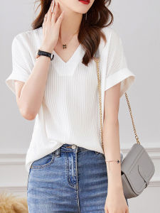 White Loose V-Neck Striped Short Sleeve Womens Chiffon Top Fashionable French Style Summer New Arrival Elegant Little Shirt