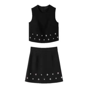 XIAOQIAOJIA | Bộ váy hai mảnh thời trang mùa hè 2025 Bộ váy ngắn chữ A cạp cao không tay cổ tròn màu trơn phong cách Hàn Quốc dành cho nữ