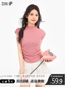 Áo Thun Tay Ngắn Dệt Kim Ôm Vừa Vặn Cổ Cao Màu Hồng Mùa Hè Không Tay Ngắn Thường Ngày Bằng Vải Polyester Dành Cho Nữ