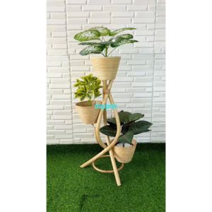 Standing Pot Tanaman Rotan Susun Tiga Model Zigzag + Bundling 3 Tanaman Artificial Dekorasi Cafe Aesthetic