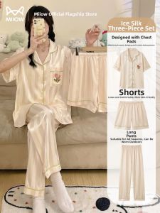 MiiOW | Cool Silk Ladies Summer Short Sleeve Long Pants Sleepwear Sets