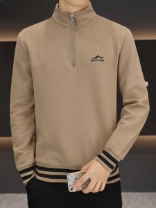 HENGYUANXIANG | Stylish Half-Zip Long Sleeve Hoodie Trendy Stand Collar Mens T-Shirt Comfortable Cotton Polyester Blend Autumn Wear