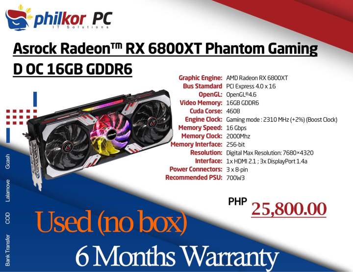 Asrock Phantom gaming Radeon RX 6800XT 12GB (used graphics card ...