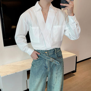 Fashionable V-Neck Loose Long Sleeve Mens Shirt Pure Color Simple Match British Style Polyester Fiber No Ironing Required