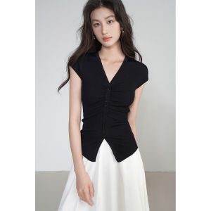 เสื้อคาร์ดิแกนถักไหมน้ำแข็งบางๆ แขนสั้นคอวี ทรงสลิมฟิต สำหรับผู้หญิง ฤดูร้อน สีดำ แฟชั่นสตรีท คอวี แขนสั้น ปกติ