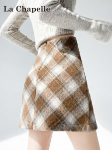 La Chapelle Plaid High Waist A-Line Mini Skirt Womens Autumn Winter Slimming Hip Covering Woolen Short Skirt City Commute