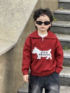 Adorable Kids Knitted Polo Neck Sweater Zipper Design Winter Fashionable Red Color New Year Celebration Childrens Wear for Boys