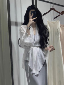 New Chinese Style Summer Womens Sheer Sun Protection Shirt with Belted Chiffon Outerwear Vest Top with Strap Dresses