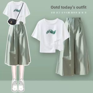 Fresh Cropped Loose Pants Suit Womens Summer New Arrival Chubby Slimming Small Fancy Pantskirt Two-piece Set