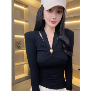 Fashionable Knot V-Neck Long Sleeve Base Shirt Women Slimming Elegant Top Trendy Base Tee Girls Slim Fit Long Sleeve V-Neck T-Shirt