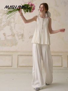 Magyann Designer Original Simple Casual Wide Leg Pants Womens Back Patch Pocket Loose Fit Summer 2025 Cotton Blend Straight Leg