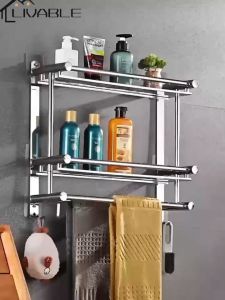 LIVABLE Bathroom Rack Stainless Steel Towel Rack Wall Mounted Space Storage Hanger Shelf Rack With Hooks Bath Towel Rack