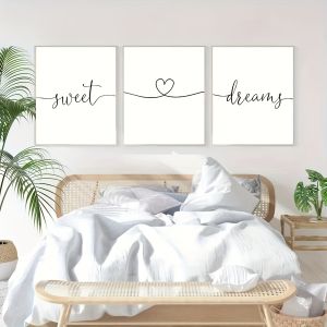 3pcs Minimalist Black and White "Sweet Dreams" Canvas Art Prints - Frameless Modern Bedroom Decor with Heart Design 2D Wall Ar