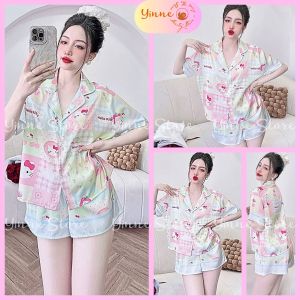 (40-60kg) °Latin LADY TEDDY FLAM° Đồ bộ Pijama Đùi Áo Raglan Croptop/Lửng Bộ ngủ mặc nhà Lụa Thiết Kế in 5D họa tiết Hot Trend Xinh Sang