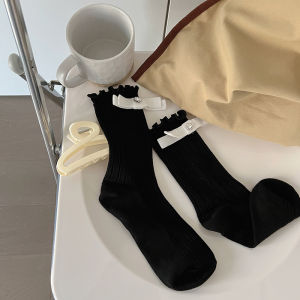 Japanese Cute Lace Socks Womens Tube Socks Easiest for Match Vertical Stripes Bows Bunching Socks JK Sweet Black and White Cotton Socks