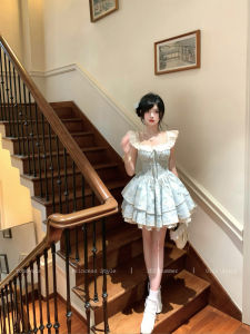 Tomoyois Cherry Blossom Princess Style Dress with Gentle Floral Print Elastic Waistline And Fluffy Sleeves Womens Dress