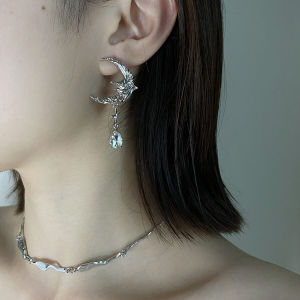 Portrait Moon Shape Zircon Water Drops Tassel Asymmetric Sterling Silver Needle Ear Studs Long Chain Earrings Sweet Kuchao