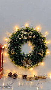 【Happy Time】Christmas Wreath with LED Lights Artificial Pine Garland Door Wall Xmas Tree Home Decoration Holiday Party Supplies