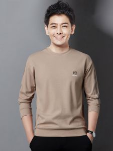 ROMON | Loose Fit Long Sleeve Round Neck Mens Hoodie Casual Fashionable Base Layer T-Shirt Business Casual Polyester Cotton Blend