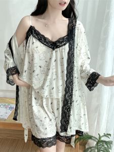 Áo Choàng Ngủ Lụa Băng Rộng Rãi Tay Dài Mùa Hè Cho Nữ Cỡ Lớn Áo Choàng Ngủ Ba Mảnh Gợi Cảm Mùa Thu