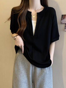 plus Size Loose Slimming Illusion Two-Piece V-Neck Short Sleeve T-Shirt Womens Summer New Design Korean Style Top