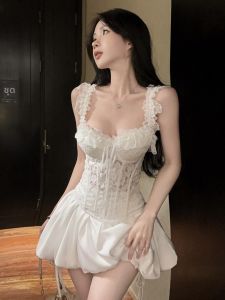 GUZILIAN | Elegant Waist-Defining Lace-Trimmed French Style Short Dress Set