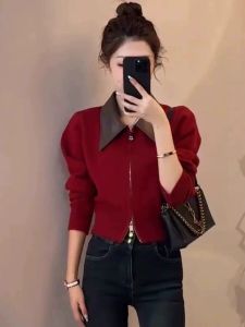 Red Knitted Sweater Womens Short Cardigan Coat Double Zipper Chinese New Year Fashion Korean Style Long Sleeve Polo Collar