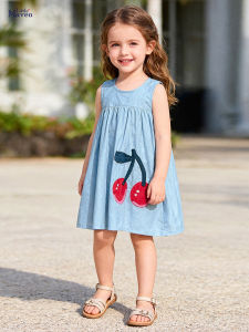 Summer 2-7Y Childrens Dress Exquisite Cherry Embroidery Denim Skirt Wooden Buttons Dress for Girls Sleeveless Dress