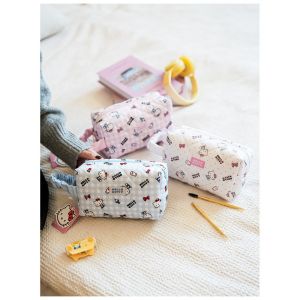 Sanrio | Soft and cute plaid Hello Kitty quilted pillow makeup bag toiletry bag large-capacity storage bag pleated portable travel mak