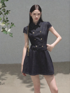 OAKMOO | Đầm Denim Nẹp Eo Phong Cách Retro