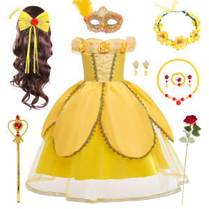 Princess Belle Costume for Girls 2024 Beauty And the Beast Belle Princess Dress Puffy Skirt Halloween Childrens Ball Gown