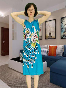 Áo Ngắn Tay Màu Vàng Dây Rút Thoải Mái Mùa Hè Đầm Cotton Vải Bông Lụa Pha Trộn In Hình Động Vật Mặc Nhà Cắt Thẳng Thoải Mái Lễ Phục