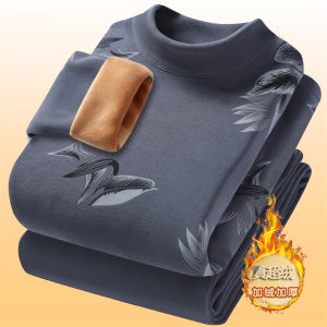 Mens Thermal Underwear Set Fleece Lined Thickened mid Neck Winter Youth Autumn Clothes Outdoor Wearable Luxury Printed Long Sleeve