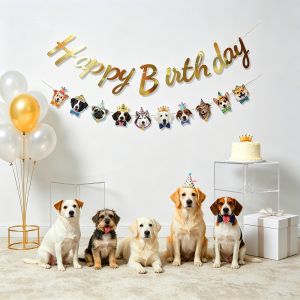 Gold Happy Birthday Banner Dog Faces Bunting Garland Puppy Party Decoration for Pet Themed Birthday Celebrations Photo Backdrop