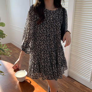 Slimming A-Line Midi Dress Spring Autumn New Style Loose Fit Chiffon Floral Print Short Skirt Korean Style Commute Polyester Fiber