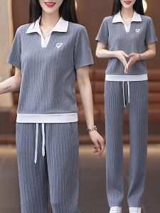 Fashionable Ice Silk Wide Leg Pants Sport Suit Women Summer 2025 New Stylish Youthful Collared Short Sleeve Casual Two Piece Set