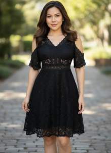 Preloved black lace dress with cold shoulder cutouts and V-neckline. Suitable for outdoor events.