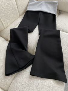 กางเกงขายาวทรงหลวมเอวต่ำสีดำ ทรงสลิมฟิต กางเกงขายาวทรงขาบานสั้นสำหรับผู้หญิง สไตล์เกาหลี กางเกงขายาวทรงสลิมฟิตสำหรับผู้หญิง