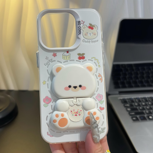 Cute Bear Phone Case Stand Protective Shockproof for iPhone 16/15 pro Max Xiaomi 15/14 New Redmi K80/70 Couple Vivos 30 Rare Reno 14