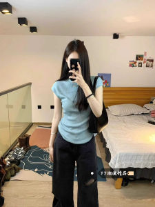 Blue Slim Fit Short Sleeve T-Shirt Womens Casual Style round Neck Waist-Cinching Light Weight Short Sleeve Top for Girls