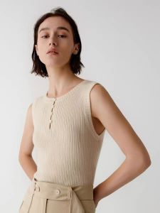 เสื้อกั๊กถักคอตตอนขนแกะแท้ ทรงเข้ารูป เสื้อชั้นในแบบสวมคอกลม สำหรับผู้หญิง เสื้อกั๊กฤดูใบไม้ร่วงสีพื้น