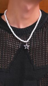 Salircon Simple Handmade Imitation Pearl Beaded Short Necklace Mens Fashion Rhinestone Star Pendant Choker Punk Party Jewelry