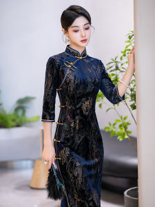 Elegant Velvet Long Sleeve Qipao for Middle-Aged And Elderly High Elasticity Daily Commute Black New 2025 Skirt for Mom