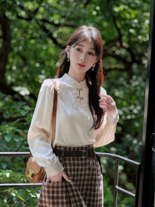 Artistic Chinese Style Long Sleeve Shirt Womens Stand Collar Button up Top White Flowing Commute Fashion Straight Cut Shirt